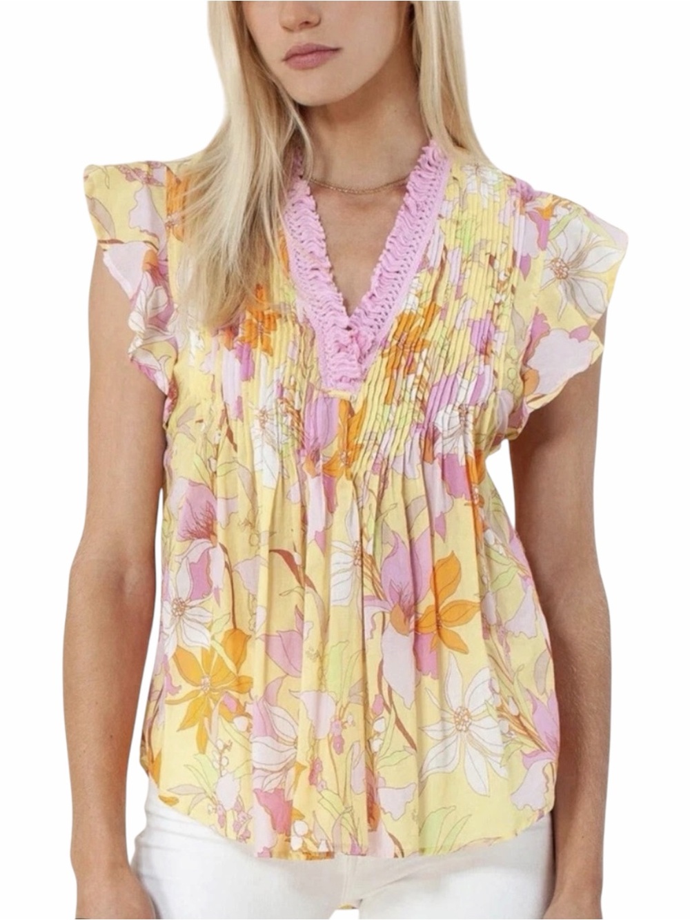 Hale Bob Yellow Floral Fringe V-Neck Ruffle Cap Sleeve Cotton Blouse XS